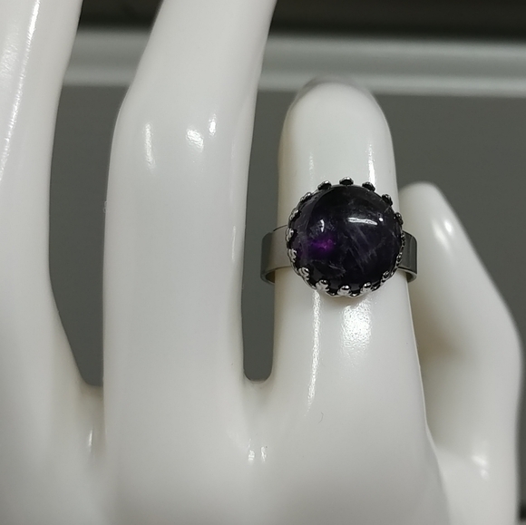 Amethyst Ring Natural Gemstone Adjustable Stainless-Steel Ring Amethyst Crystal - Picture 11 of 12